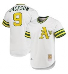 Mens Mitchell and Ness Oakland Athletics 9 Reggie Jackson Authentic White Throwback MLB Jersey