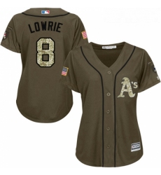 Womens Majestic Oakland Athletics 8 Jed Lowrie Replica Green Salute to Service MLB Jersey
