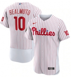 Men Philadelphia Phillies 10 J T  Realmuto White 2022 World Series Flex Base Stitched Baseball Jersey