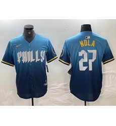 Men Philadelphia Phillies 27 Aaron Nola Blue 2024 City Connect Limited Stitched Baseball Jersey 2