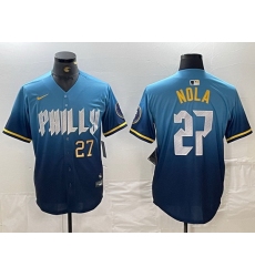 Men Philadelphia Phillies 27 Aaron Nola Blue 2024 City Connect Limited Stitched Baseball Jersey 4