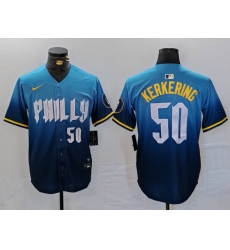 Men Philadelphia Phillies 50 Orion Kerkering Blue 2024 City Connect Limited Stitched Jersey 1