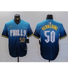 Men Philadelphia Phillies 50 Orion Kerkering Blue 2024 City Connect Limited Stitched Jersey 2