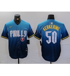 Men Philadelphia Phillies 50 Orion Kerkering Blue 2024 City Connect Limited Stitched Jersey 3
