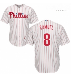 Mens Majestic Philadelphia Phillies 8 Juan Samuel Replica WhiteRed Strip Home Cool Base MLB Jersey