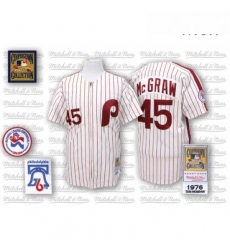 Mens Mitchell and Ness Philadelphia Phillies 45 Tug McGraw Authentic WhiteRed Strip Throwback MLB Jersey