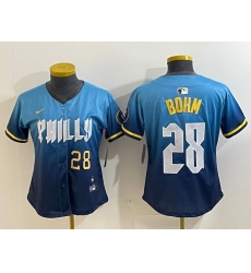 Women Philadelphia Phillies 28 Alec Bohm Blue 2024 City Connect Limited Stitched Baseball Jersey 2