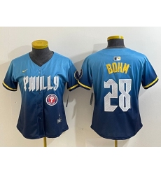 Women   Philadelphia Phillies 28 Alec Bohm Blue 2024 City Connect Limited Stitched Baseball Jersey 5