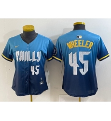 Women Philadelphia Phillies 45 Zack Wheeler Blue 2024 City Connect Limited Stitched Baseball Jersey 2