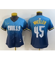 Women Philadelphia Phillies 45 Zack Wheeler Blue 2024 City Connect Limited Stitched Baseball Jersey 6