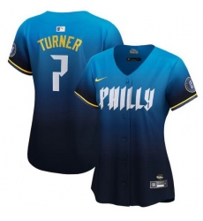 Women Philadelphia Phillies 7 Trea Turner Blue 2024 City Connect Limited Stitched Baseball Jersey