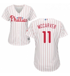 Womens Majestic Philadelphia Phillies 11 Tim McCarver Authentic WhiteRed Strip Home Cool Base MLB Jersey