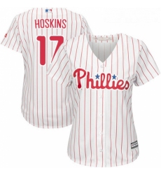 Womens Majestic Philadelphia Phillies 17 Rhys Hoskins Replica WhiteRed Strip Home Cool Base MLB Jersey 