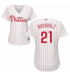 Womens Majestic Philadelphia Phillies 21 Clay Buchholz Authentic WhiteRed Strip Home Cool Base MLB Jersey 