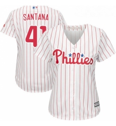 Womens Majestic Philadelphia Phillies 41 Carlos Santana Authentic WhiteRed Strip Home Cool Base MLB Jersey 