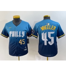 Youth Philadelphia Phillies 45 Zack Wheeler Blue 2024 City Connect Limited Stitched Baseball Jersey 4