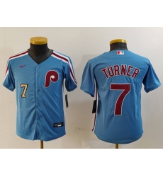 Youth Philadelphia Phillies 7 Trea Turner Blue Cool Base Stitched Baseball Jersey 2