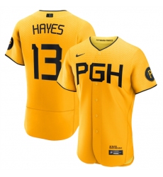 Men Pittsburgh Pirates 13 Ke 27Bryan Hayes Gold 2023 City Connect Flex Base Stitched Jersey