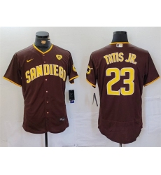 Men San Diego Padres 23 Fernando Tatis Jr  Brown With PS Patch Flex Base Stitched Baseball Jersey