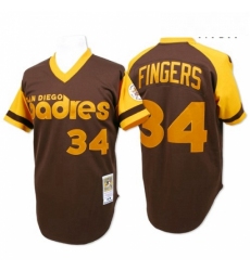 Mens Mitchell and Ness San Diego Padres 34 Rollie Fingers Replica Brown Throwback MLB Jersey