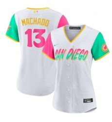 Women San Diego Padres 13 Manny Machado 2022 White City Connect Cool Base Stitched