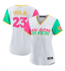Women San Diego Padres 23 Fernando Tatis Jr  2022 White City Connect Cool Base Stitched Baseball Jersey 