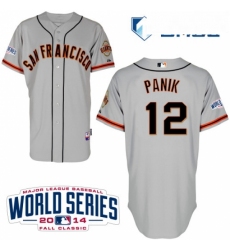 Mens Majestic San Francisco Giants 12 Joe Panik Authentic Grey Road Cool Base w2014 World Series Patch MLB Jersey