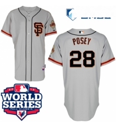 Mens Majestic San Francisco Giants 28 Buster Posey Replica Grey Road 2 Cool Base 2012 World Series Patch MLB Jersey