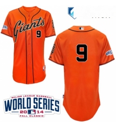 Mens Majestic San Francisco Giants 9 Brandon Belt Authentic Orange Alternate Cool Base w2014 World Series Patch MLB Jersey
