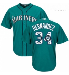 Mens Majestic Seattle Mariners 34 Felix Hernandez Authentic Teal Green Team Logo Fashion Cool Base MLB Jersey