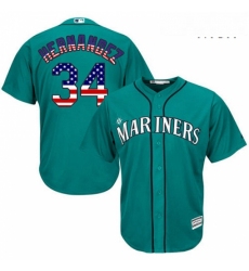 Mens Majestic Seattle Mariners 34 Felix Hernandez Authentic Teal Green USA Flag Fashion MLB Jersey