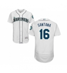 Mens Seattle Mariners 16 Domingo Santana White Home Flex Base Authentic Collection Baseball Jersey