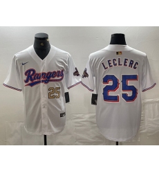 Men Texas Rangers 25 Jose Leclerc White Gold Cool Base Stitched Baseball Jersey 3