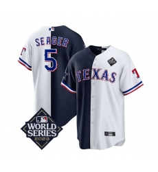 Men Texas Rangers  26 Cowboys 5 Corey Seager Navy White 2023 World Series Splite Stitched Baseball Jersey