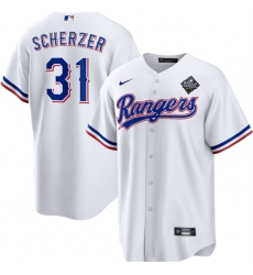 Men Texas Rangers 31 Max Scherzer 2023 White World Series Stitched Baseball Jersey