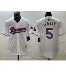 Men Texas Rangers 5 Corey Seager White Gold Cool Base Stitched Baseball Jersey