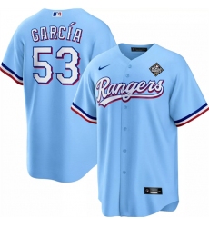 Men Texas Rangers 53 Adolis Garc EDa Blue 2023 World Series Cool Base Stitched Baseball Jersey
