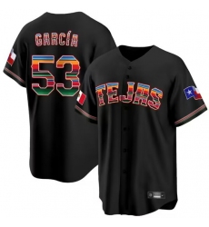 Men Texas Rangers 53 Adolis Garcia Mexico Black Cool Base Stitched Baseball Jersey