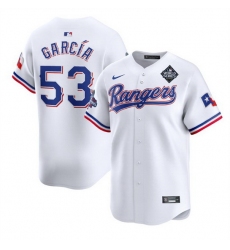 Men Texas Rangers 53 Adolis Garcia White 2023 World Series Patch And Champions Patch Stitched Baseball Jersey