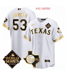 Men Texas Rangers Evan Carter #32 White 2023 World Series Splite Stitched Baseball Jersey