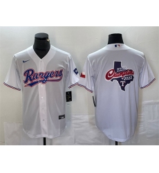 Men Texas Rangers White 2023 World Series Champions Big Logo With Patch Cool Base Stitched Baseball Jersey