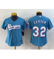 Women Texas Rangers 32 Evan Carter Blue With Patch Stitched Baseball Jersey