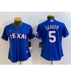 Women Texas Rangers 5 Corey Seager Royal With Patch Stitched Baseball Jersey 28Run Small 29