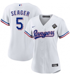 Women Texas Rangers 5 Corey Seager White 2023 World Series Stitched Baseball Jersey 28Run Small 29