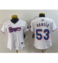 Women Texas Rangers 53 Adolis Garcia White Gold Stitched Baseball Jersey
