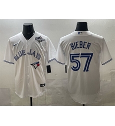 Men Toronto Blue Jays 57 Shane Bieber White 2025 World Series Home Cool Base Stitched Baseball Jersey
