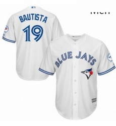 Mens Majestic Toronto Blue Jays 19 Jose Bautista Replica White Home 40th Anniversary Patch MLB Jersey