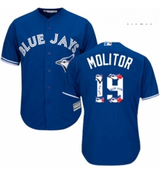 Mens Majestic Toronto Blue Jays 19 Paul Molitor Authentic Blue Team Logo Fashion MLB Jersey