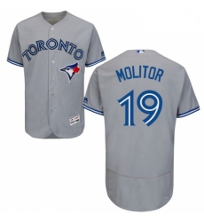 Mens Majestic Toronto Blue Jays 19 Paul Molitor Grey Road Flex Base Authentic Collection MLB Jersey