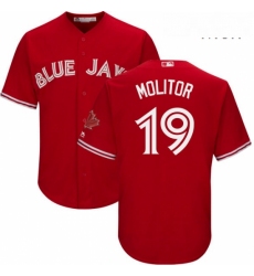Mens Majestic Toronto Blue Jays 19 Paul Molitor Replica Scarlet Alternate Cool Base MLB Jersey
